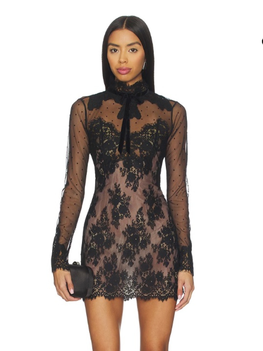 RETROFETE NWT FAYLIN LACE DRESS Sheer Black Lace Long-Sleeve Mini Dress